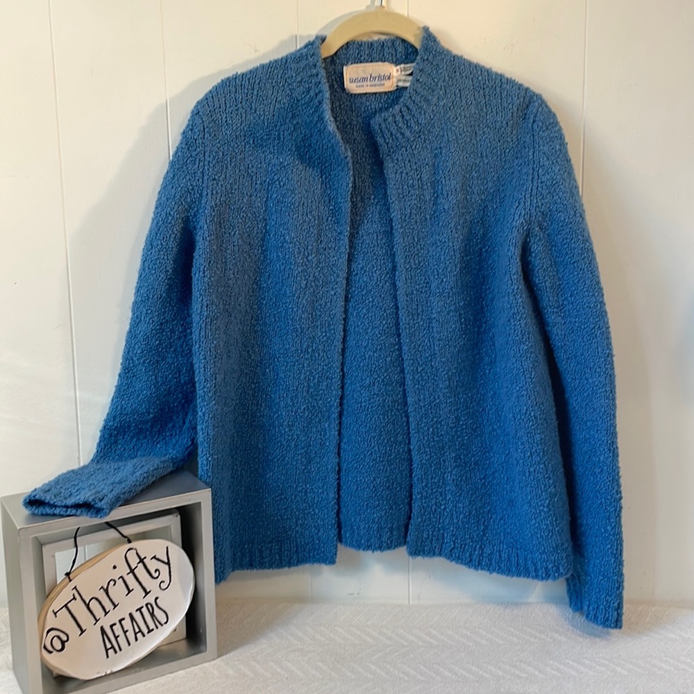 Susan Bristol Cardigan Vintage Wool Blend Boucle' Open Front Sweater, M - Picture 2 of 9